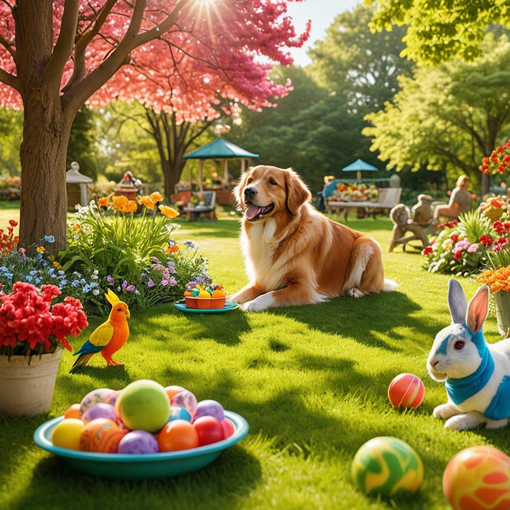 A joyful scene featuring a diverse group of pets, including a dog, cat, parrot, and rabbit, enjoying a playful day at the park. Each pet is surrounded by colorful toys, fresh food bowls, and a sunny atmosphere with blooming flowers. In the background, happy families interact with their pets, promoting a sense of community and love for animals. Captivating sunlight filters through trees, creating a warm and inviting ambiance. super-realistic. vibrant colors. lively atmosphere.