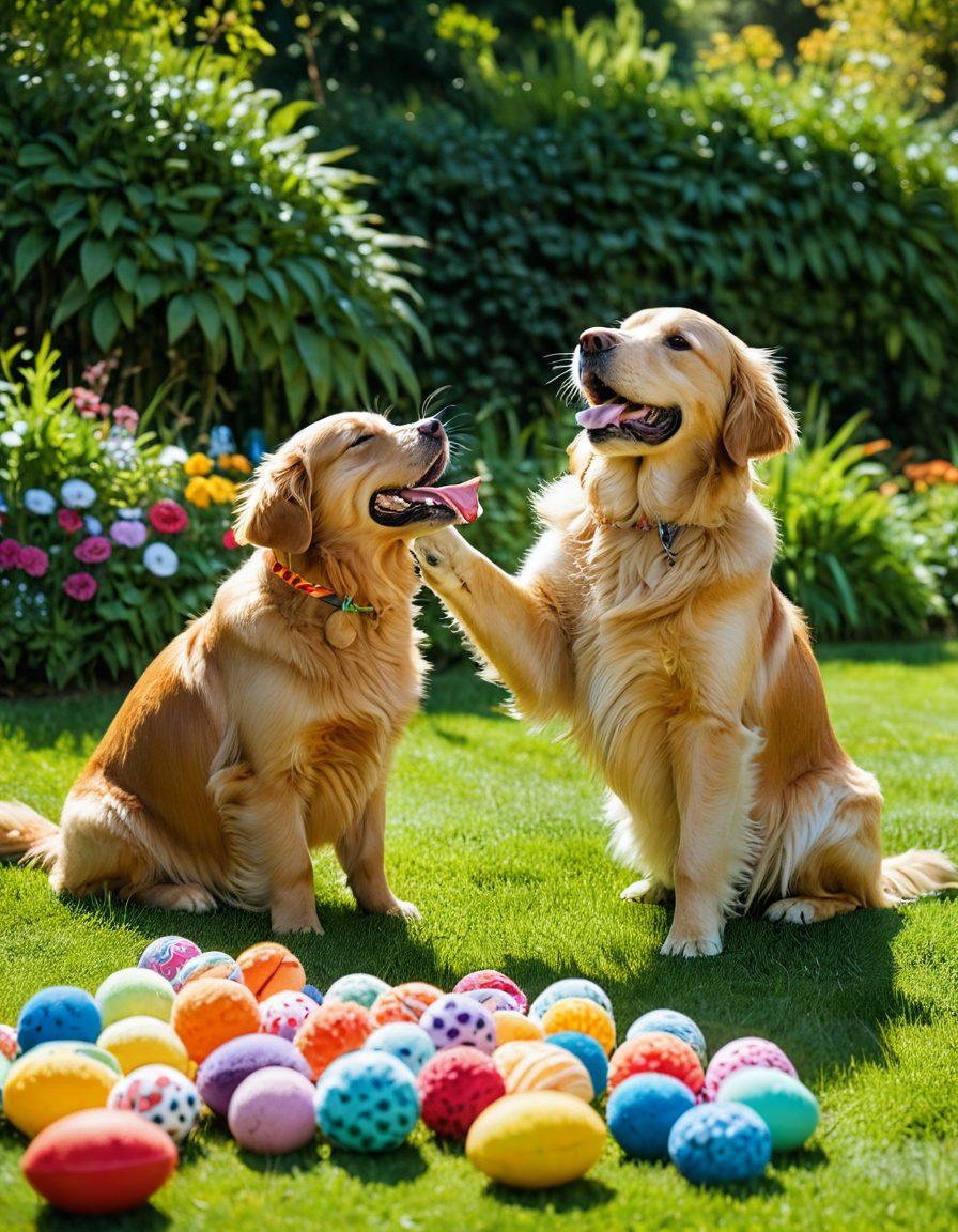 A joyful dog and a playful cat sharing a sunlit garden, surrounded by colorful pet toys and vibrant flowers. Show a bowl of water and a bag of pet food nearby, to indicate proper care. Include a playful child interacting with them, showcasing the bond between pets and humans. bright colors. super-realistic. sunny atmosphere.