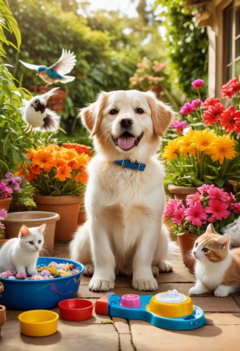 A heartwarming scene of various pets, including a dog, cat, rabbit, and bird, in a sunlit garden setting. Each pet is being pampered with nutrition and grooming products around them, such as pet food bowls, grooming brushes, and toys. The background features vibrant greenery and colorful flowers, creating a cheerful atmosphere. Include infographics subtly showcasing pet care tips in the scene. super-realistic. vibrant colors. natural setting.